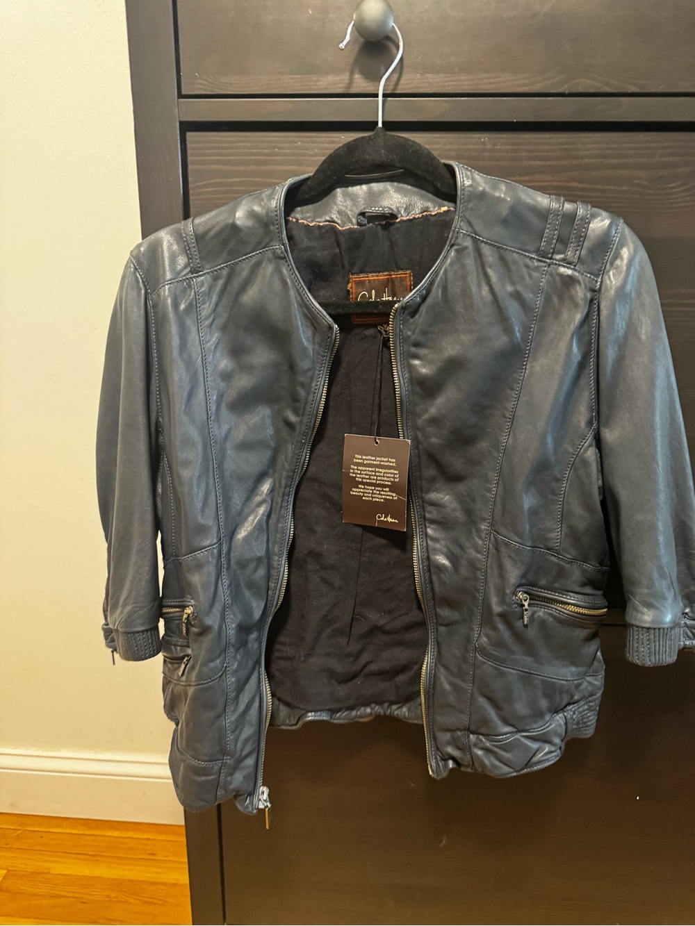 Cole Haan Women's Dark Navy Leather Bomber Jacket M (fits lik true S) NEVER WORN